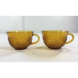 2 Vintage Anchor Hocking Glass Amber Tiara Daisy Sandwich Cup Mugs Retro Barware